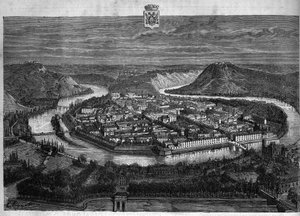 Ansicht der Stadt Besançon im Doubs. Gravur von 1880 in „La republique illustree“ private Sammlung von French School