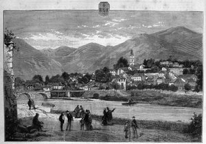 Ansicht der Stadt Digne in den Niederen Alpen. Gravur von 1880 in „La republique illustree“ private Sammlung. von French School