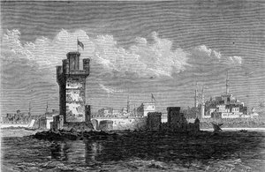 Ansicht der Stadt Rhodos (Griechenland) mit dem quadratischen Turm Saint Michel (Saint Michel), zerstört während eines Erdbebens im Jahr 1863. Gravur in „Le Monde Illustré“ Nr. 320 vom 30. Mai 1863