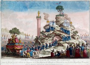 Ansicht des Berges, der auf dem Feld der Wiedervereinigung errichtet wurde. 20 Prairial Jahr II (8. Juni 1794) anlässlich des Festes des Höchsten Wesens Anonyme Gravur von 1794. Paris, Musée Carnavalet von French School