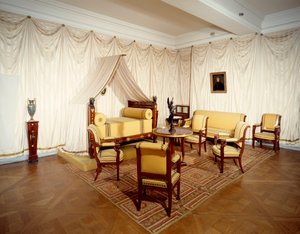 Ansicht des Zimmers von Kaiser Napoleon I. (1769-1821) im Schloss Malmaison, in Rueil-Malmaison