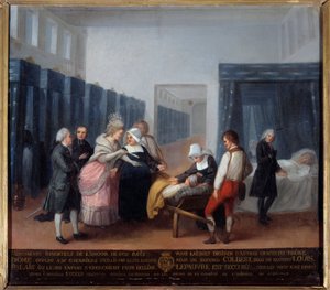 Besuch von Monsieur und Madame Necker im Hospiz der Barmherzigkeit Dies ist ein Krankenhaus (heute Necker-Krankenhaus in Paris), das 1778 vom Minister und seiner Frau, einer Schriftstellerin, gegründet wurde. Gemälde der französischen Schule. 18. Jahrhunde von French School
