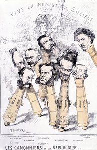 Es lebe die soziale Republik - Die Kanoniere der Republik: A. Vacquerie, F.V. Hugo, P. Meurice, E. Roullier, Flocquet, H. Rochefort, Vermorel, Pilotell. Karikatur von French School