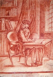 Voltaire (1694-1778) schreibt in seinem Arbeitszimmer, ca. 1765-75