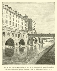 Ansicht des Hôtel-Dieu von der Seite der Seine und der Holzbrücke, hinter der man noch den Pfeiler der Brücke Saint-Charles sieht, 1877 von French School
