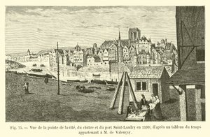 Ansicht der Spitze der Insel, des Klosters und des Hafens Saint-Landry im Jahr 1590, nach einem zeitgenössischen Gemälde im Besitz von M. de Valencay von French School