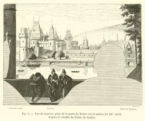 Ansicht des Louvre, von der Porte de Nesles, Mitte des 15. Jahrhunderts, nach dem Altarbild des Justizpalastes