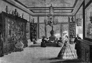 Ansicht des chinesischen Museums der Kaiserin Eugenie de Montijo, eingerichtet 1863 im Schloss Fontainebleau. Gravur in „Le Monde Illustré“ Nr. 325 vom 4. Juli 1863 von French School