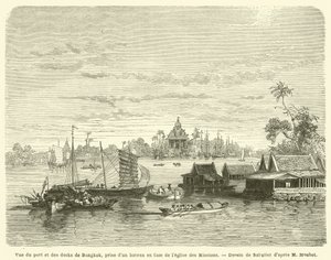 Ansicht des Hafens und der Docks von Bangkok, von einem Boot vor der Missionskirche aus gesehen von French School