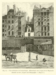 Außenansicht der Arche Popin, die unter dem Quai de la Mégisserie mündet, abgerissen 1840; nach einer Lithographie von French School