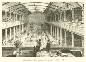 Innenansicht einer lithografischen Druckerei in Paris (Gravur) von French School