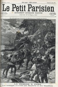 Krieg (Unabhängigkeitskrieg) in Kuba: Aufständische erhalten Verstärkungen und Munition. Die Kubaner erhoben sich 1895 gegen die spanische Herrschaft und der Krieg endete 1896 mit Hilfe der Amerikaner. „The Little Parisien“, 24.04.1898. von French School