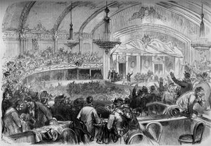 Krieg von 1870 - Parlamentswahl während des Waffenstillstands - Februar 1871: Wahlversammlung im Cabaret des Folies Bergeres in Paris zur Proklamation der Kandidaten für die Nationalversammlung. Gravur in „Le Monde Illustré“ Nr. 722 vom 11. Februar 1871 von French School
