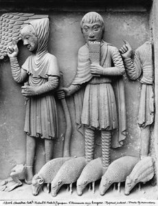 Westportal, Südtor, Tympanon mit Darstellung der Madonna und des thronenden Kindes, Verkündigung an die Hirten, um 1145-50 (Detail)