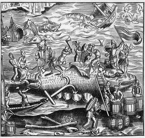 Walfang an der französischen Atlantikküste im Mittelalter. Gravur in „La Marine et les colonies: commerce“ von French School