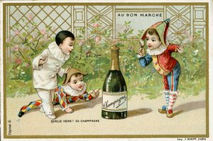 Was für ein Glück! Eine Flasche Champagner, Werbekarte für das Pariser Kaufhaus Au Bon Marché, ca. 1895 von French School