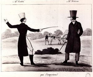 Wer wird gewinnen? Szene des Duells zwischen M. Cintre und M. Bolivar, ca. 1820 von French School