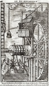 Winde zum Wasserholen aus einer Mine, Illustration aus De Re Metallica von Georg Bauer, bekannt als Agricola, 1561 von French School