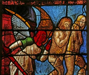 Fenster mit Adam und Eva, die aus Eden vertrieben werden von French School