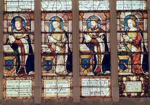 Fenster, das Louis de Bourbon (1465-1520) Prinz de La Roche-sur-Yon, Louise de Bourbon (gest. 1561) Comtesse de Montpensier, Louis II de Bourbon (1513-82) Duc de Montpensier und Jacquette de Longwy zeigt von French School