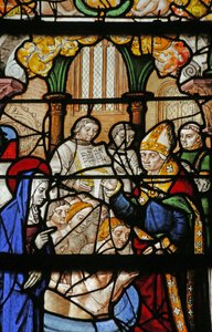 Fenster, das Maria Magdalena darstellt: der Graf von Provence und seine Frau werden getauft