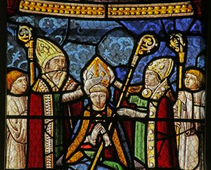 Fenster, das den Heiligen Nikolaus als Bischof von Myra darstellt