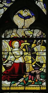 Fenster mit Darstellung der betenden Heiligen Katharina und Engeln, die das Rad durch Steinwürfe zerbrechen, 1460-70