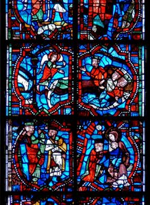 Fenster, das Szenen aus der Kindheit Christi darstellt, einschließlich der Warnung der Magier im Schlaf und der Magier mit der Jungfrau und dem Kind von French School