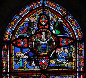 Fenster, Darstellung des fünften Abschnitts von w7: der Tod des Heiligen Petrus: seine Seele steigt in den Himmel auf von French School