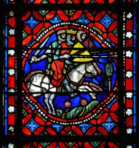 Fenster s1-R, eine Szene aus der Reise des heiligen Bonnet nach Rom darstellend: König Aripert von Pavia kämpft gegen die Barone von French School