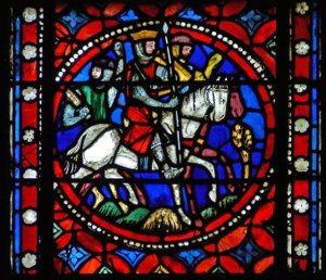 Fenster s1-R, eine Szene aus der Reise des heiligen Bonnet nach Rom darstellend; Ritter kehren aus der Schlacht zurück von French School