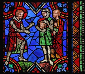 Fenster w06, Darstellung der Geschichte des Heiligen Julian von Brioude - Heiliger Ferreol, ein Freund von Julian, der während der Diokletianischen Verfolgungen starb, erhält Brioudes Kopf nach seiner Hinrichtung von French School