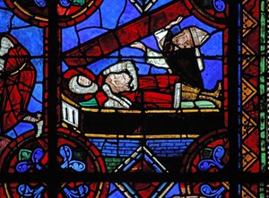 Fenster w06, Darstellung der Geschichte des Heiligen Julian von Brioude - der Tod des Heiligen Ferreol, ein Freund von Julian, der während der Diokletianischen Verfolgungen starb; Heiliger Ferreol wird mit Brioudes Kopf begraben. Sie werden entdeckt von French School