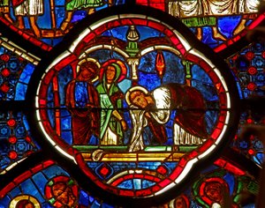 Fenster w0, Darstellung von St. Peter, St. Jakobus und St. Johannes am Grab der Auferstehung von French School