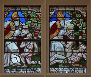 Fenster w101, Darstellung der Erschaffung von Fischen und Tieren; Erschaffung von Adam und Eva