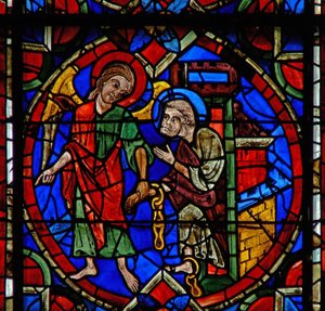 Fenster w107a Darstellung des Heiligen Petrus, der von einem Engel aus dem Gefängnis geführt wird