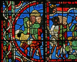 Fenster Nr. 11-L, Darstellung einer Szene aus der Geschichte von Joseph: Seine Brüder bitten Benjamin, mit ihnen zurückzukehren von French School