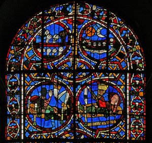 Fenster Nr. 11-R, Darstellung von Josephs Traum von Sonne, Mond und Weizengarben, die sich vor seiner Garbe verneigen