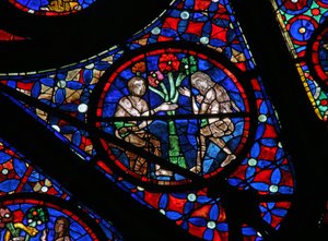 Fenster w115, Adam und Eva verführt durch das Wissen vom Baum der Erkenntnis von Gut und Böse darstellend von French School
