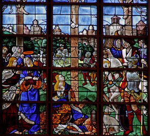 Fenster w11 mit Darstellung der Kreuzigung - die Szene am Fuß des Kreuzes
