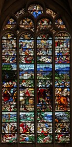 Fenster w124, Abraham und Melchisedek; St. Jakob im Kampf mit den Mauren in Spanien; Szenen aus dem Leben des St. Jakob