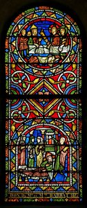 Fenster w13, im 19. Jahrhundert der Kirche geschenkt, stammen diese beiden Tafeln aus dem frühen 13. Jahrhundert und sind das älteste Glas in Chalons darstellend von French School