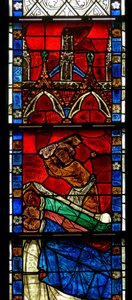 Fenster w15, das eine Szene aus einer Legende von St. Nikolaus darstellt: Das Wunder der 3 Jungen: Ein Metzger tötet drei Jungen