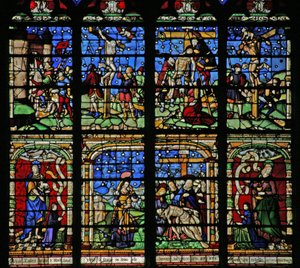 Fenster w19, die Kreuzigung, die Kreuzabnahme und die Pietà darstellend von French School