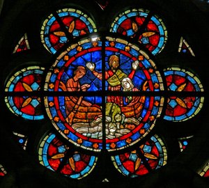 Fenster w205, eine Szene aus einer Legende des heiligen Nikolaus darstellend: das Wunder des Jungen und des Kelchs von French School
