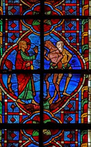 Fenster w207, Adam und Eva werden für das Essen der Frucht ermahnt darstellend