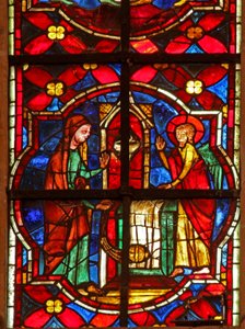 Fenster w212 zeigt Zacharias, den Vater von Johannes dem Täufer, besucht von einem Engel im Tempel von French School