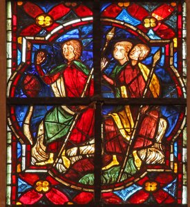 Fenster w212, Darstellung von Soldaten beobachten Johannes den Täufer beim Predigen von French School