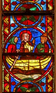 Fenster w213, Darstellung einer Szene aus dem Leben von St. Thomas: Thomas geht mit Abanes nach Indien von French School