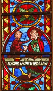 Fenster w213, Darstellung einer Szene aus dem Leben von St. Thomas: der Heilige bei einem Hochzeitsbankett für die Tochter des Königs von Indien wird von einem Mundschenk geohrfeigt